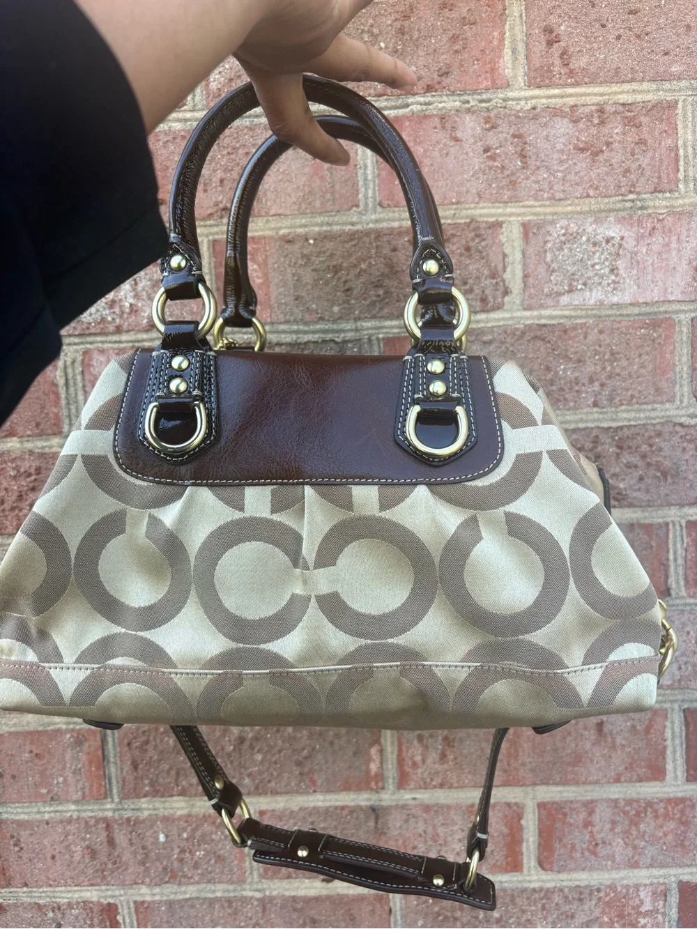 Coach Beige Signature Canvas Satchel with Brown Leather Trim & Pink Cherry Charm